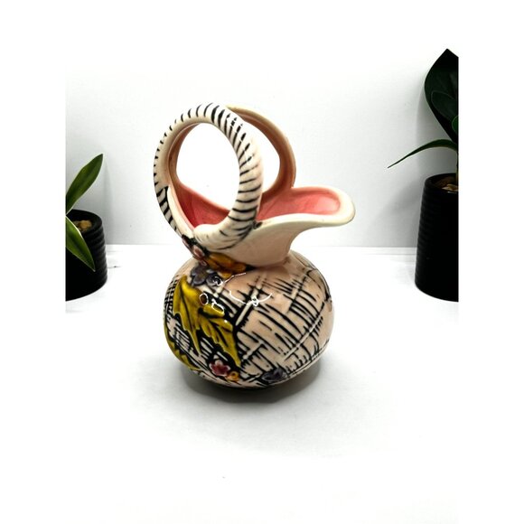 Vintage 1955 Hull Hand-Painted Pottery Pitcher Vase Floral Design Pink & Black - Picture 5 of 6